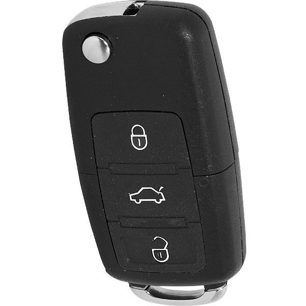 Black car key fob with lock, unlock, and trunk buttons, isolated on white background.
