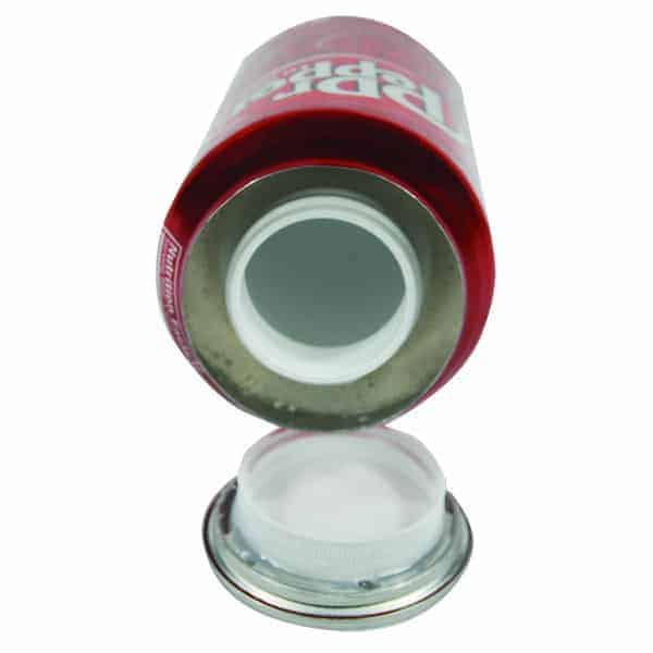 Red soda can with removable bottom, revealing hidden compartment inside.