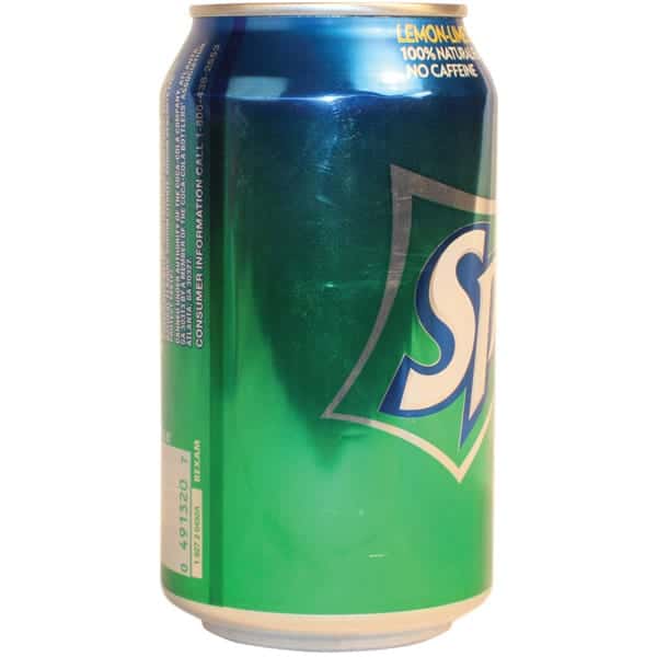Green Sprite soda can with logo, viewed from the side, highlighting the drink's packaging and branding.