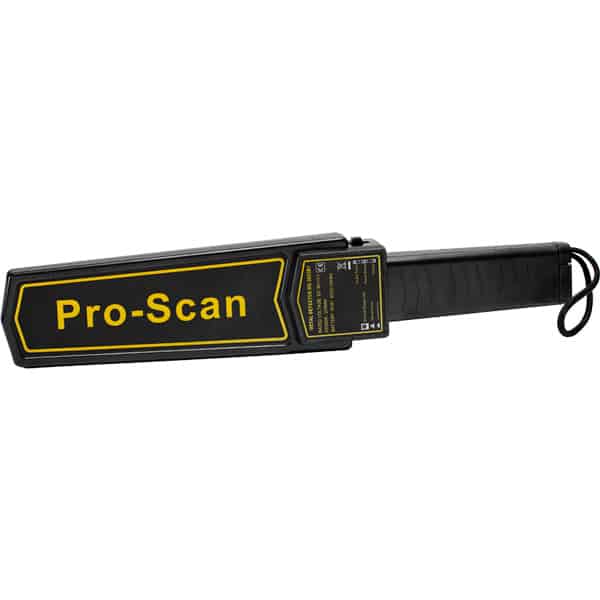 Handheld Pro-Scan metal detector with black and yellow design, ideal for security checks and personal safety.
