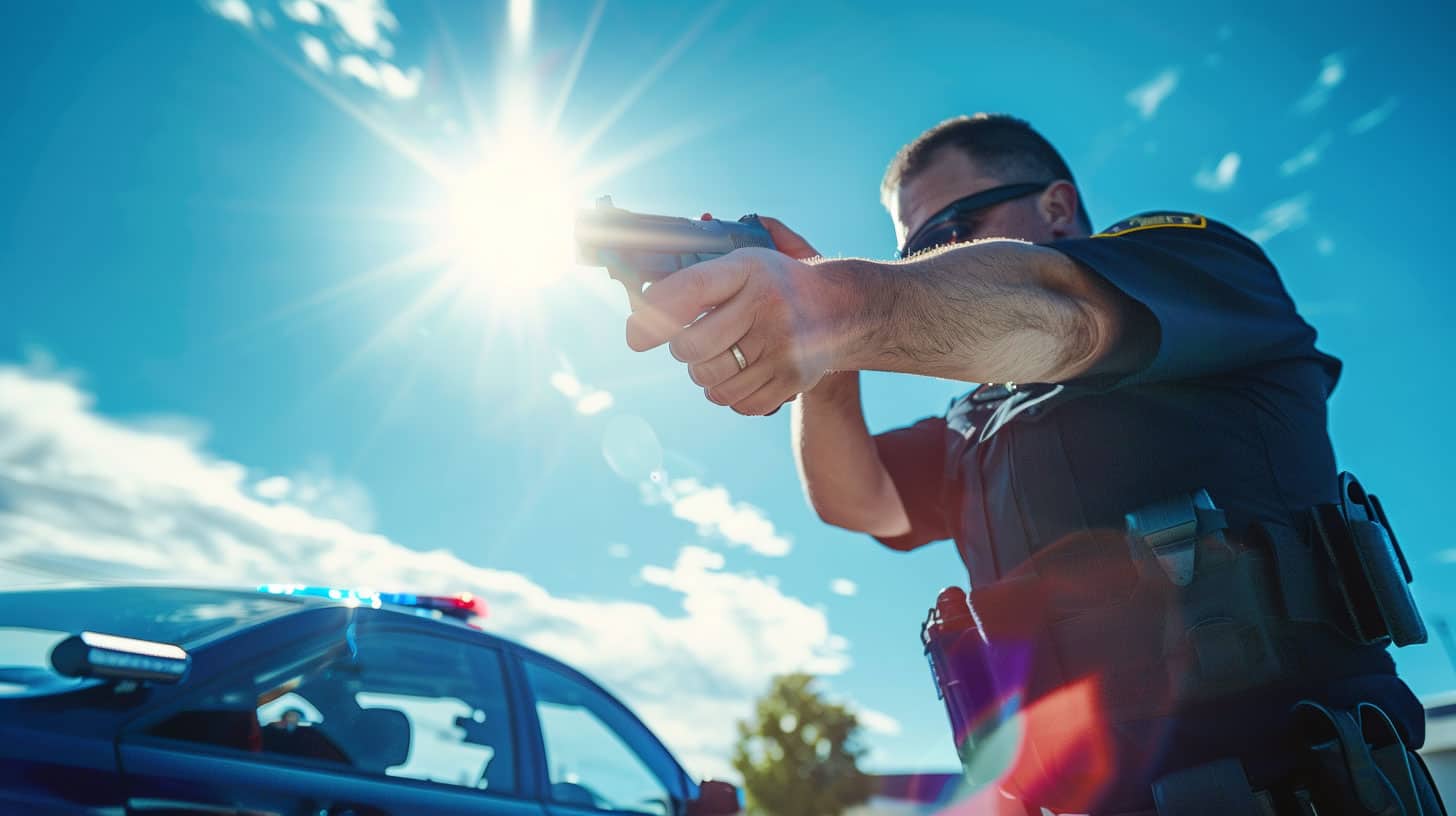 Police officer aiming gun with sun glare, beside patrol car, under clear sky.