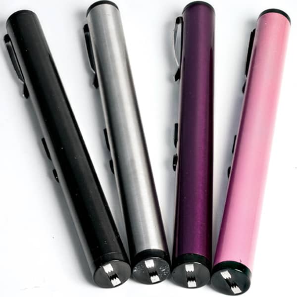 Four stylus pens in black, silver, purple, and pink arranged vertically on a white background.
