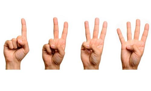 Hands counting numbers one to four with fingers against a white background.