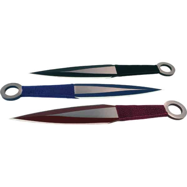 Three colorful kunai knives with colored cloth-wrapped handles and ring pommels.