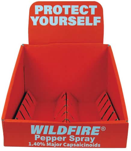 Empty Wildfire pepper spray display box with Protect Yourself message in bold letters.