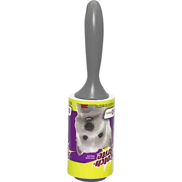 Lint roller with gray handle and pet hair remover label.