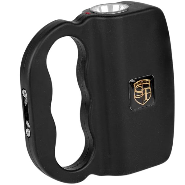 Black self-defense stun gun with a built-in flashlight and logo, compact and easy to hold.