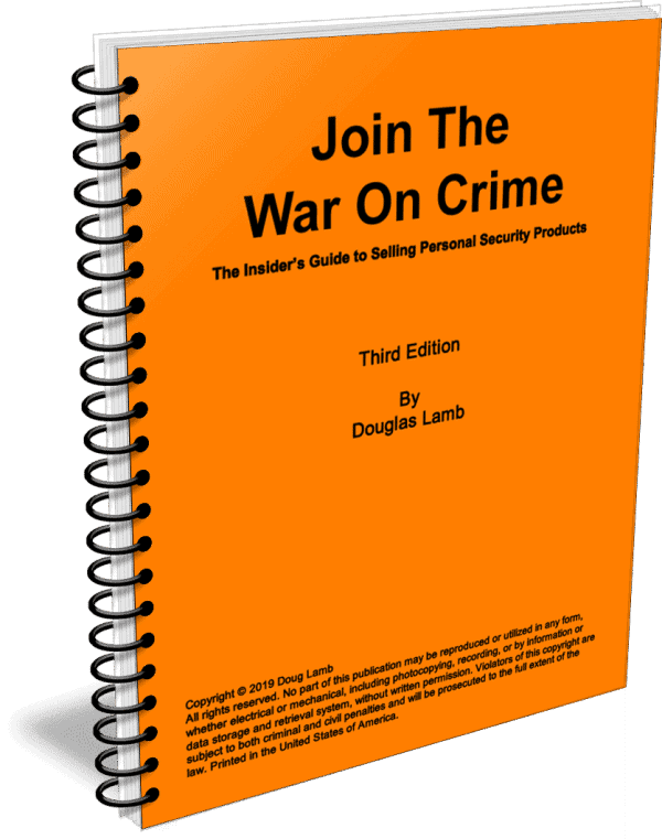 Spiral-bound book titled Join The War On Crime: The Insider's Guide to Selling Personal Security Products.