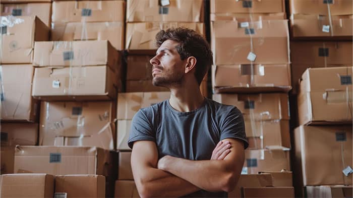 Man standing confidently in front of stacked cardboard boxes in a warehouse, looking up thoughtfully.