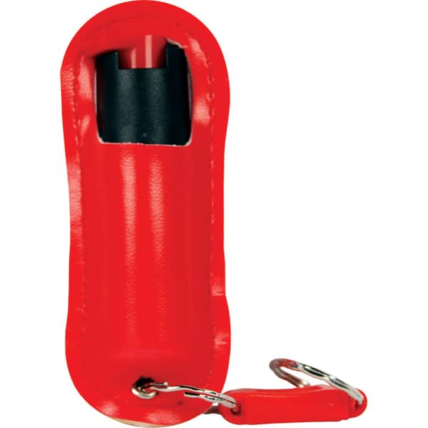 Red pepper spray keychain holder for personal safety and self-defense.