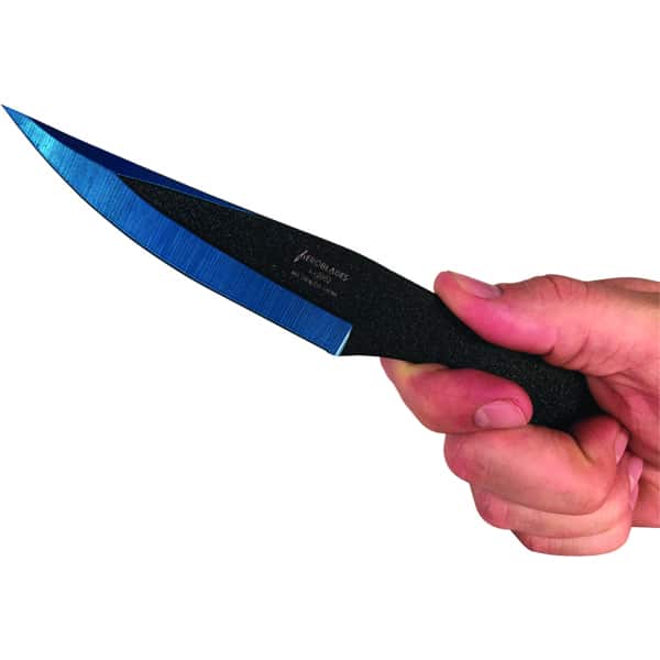 Hand holding a blue-bladed throwing knife with a black handle, demonstrating grip technique.