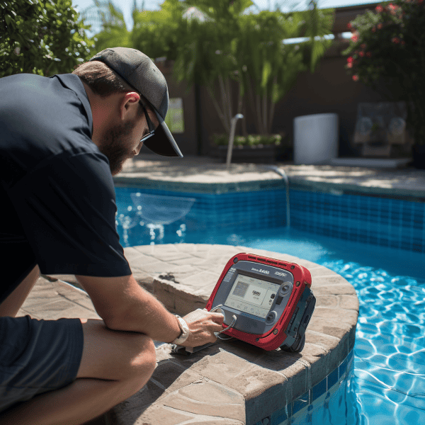 Technician using pool water tester by outdoor swimming pool, checking quality and safety levels.