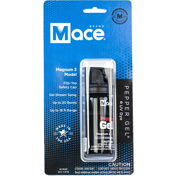 Mace Magnum 3 Pepper Gel, 20 bursts, 18-ft range, flip-top safety cap, UV dye, 1.59 oz, made in USA packaging.