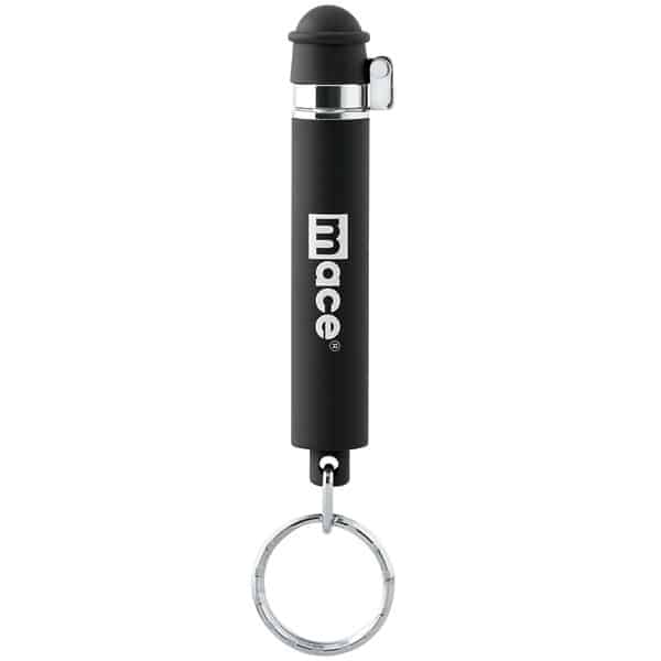 Black Mace pepper spray keychain for personal safety, sleek design with a ring for easy attachment.