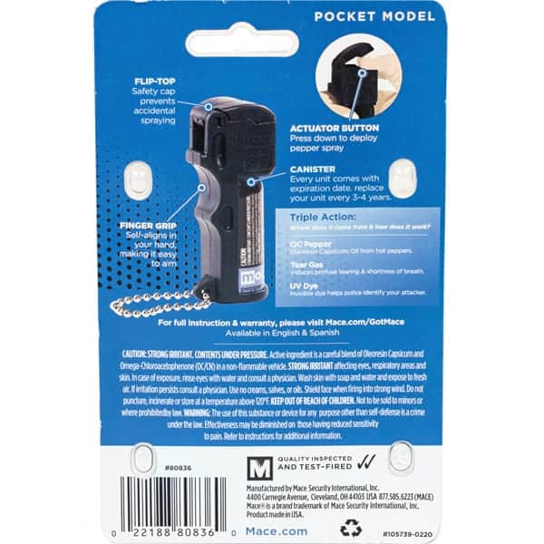 Mace pocket model pepper spray packaging with safety features and product details.