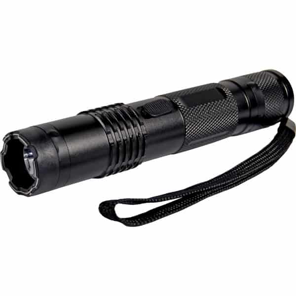 Black tactical flashlight with strap, durable design for outdoor use.