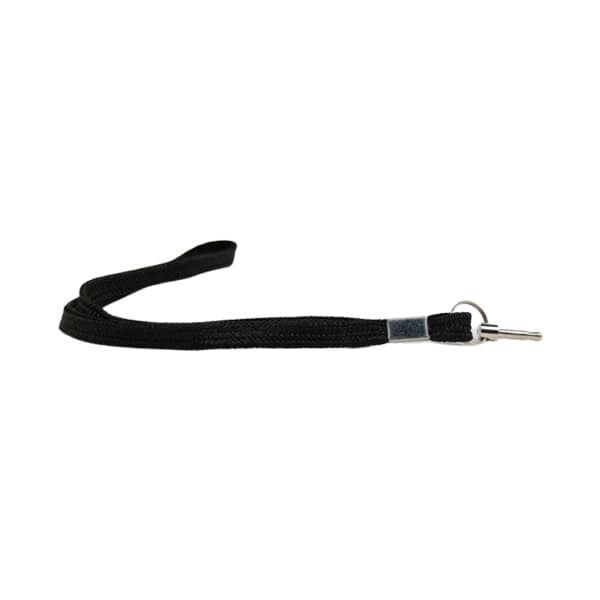 Black camera wrist strap with silver clip, isolated on white background.