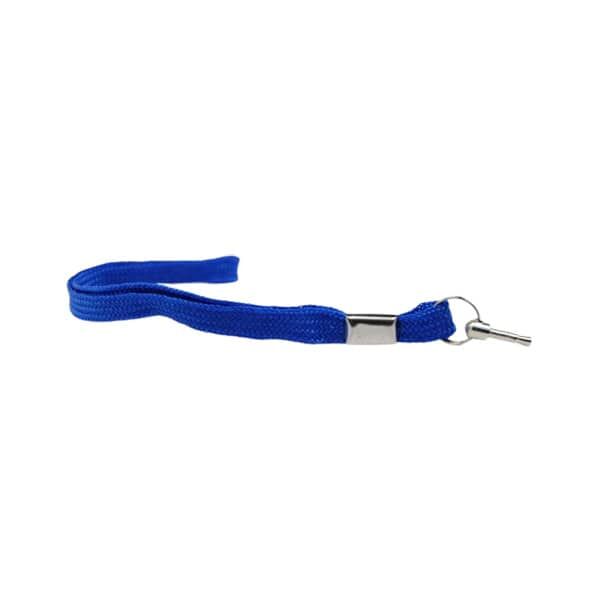 Blue wrist strap with metal connector for securing devices or keys.