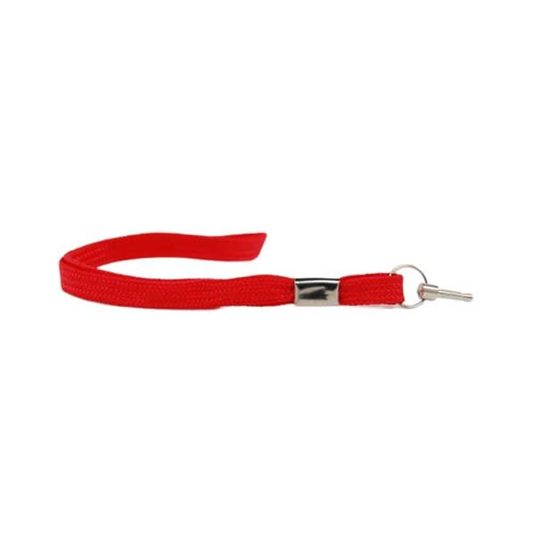 Red wrist lanyard with metal clasp and key ring, ideal for keys and ID badges.