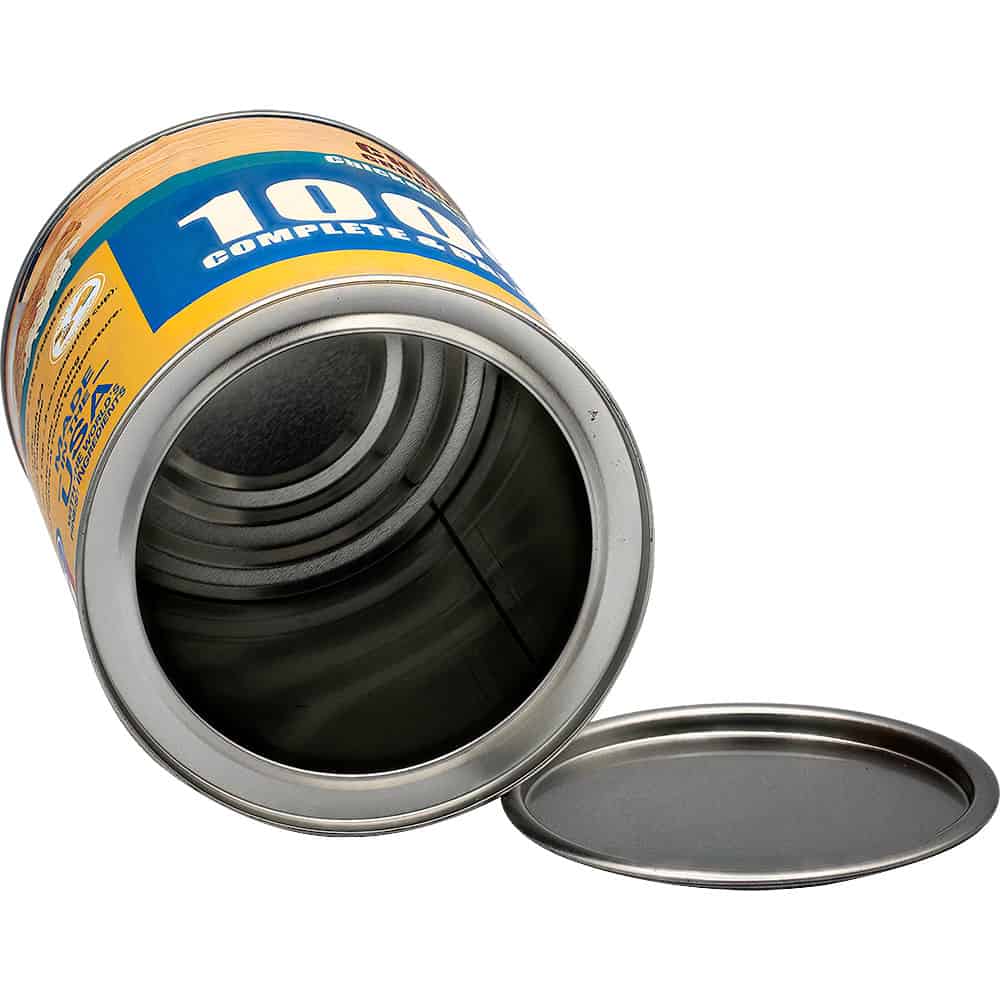 Empty metal can with lid removed, showcasing interior; product packaging concept.