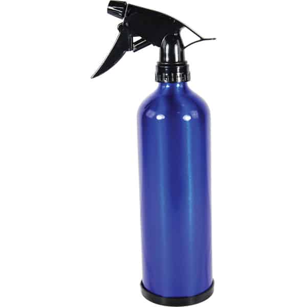 Blue aluminum spray bottle with black spray nozzle, ideal for cleaning, gardening, or hairstyling purposes.