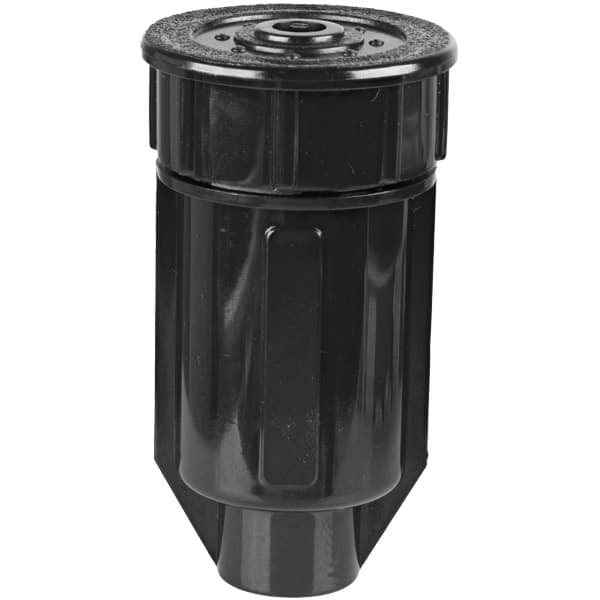 Black plastic lawn sprinkler, ideal for garden irrigation systems, isolated on white background.