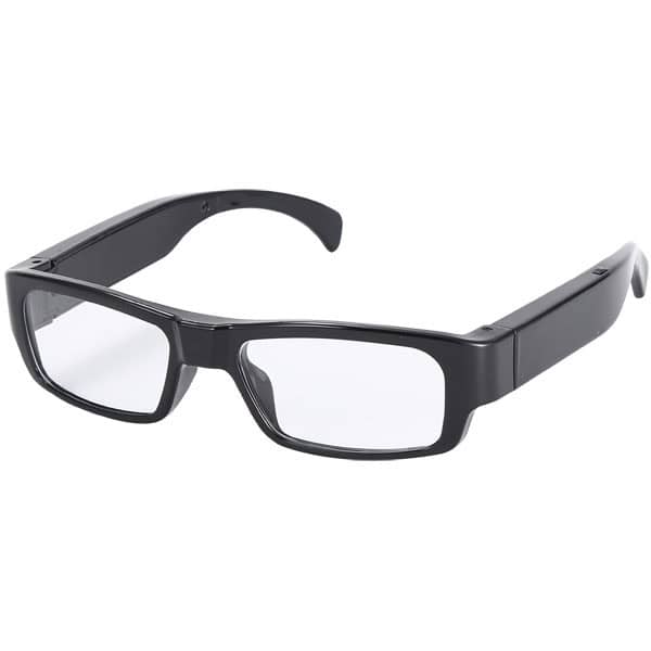 Black rectangular smart glasses with clear lenses on a white background.