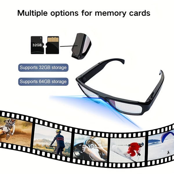 Smart glasses with memory card options for 32GB and 64GB storage, ideal for capturing action sports and adventures.