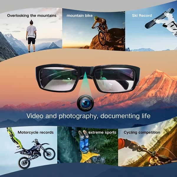 Smart glasses capturing outdoor adventures: biking, skiing, and more for video and photography documentation.