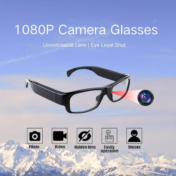 1080P camera glasses with hidden lens, photo and video capabilities, unisex design, easily operable.