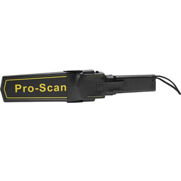 Handheld metal detector labeled Pro-Scan for security screening.