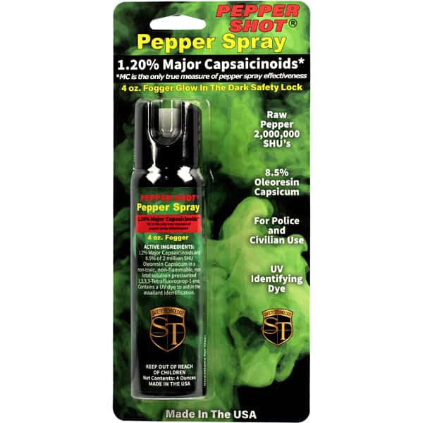 Pepper Shot Pepper Spray, 1.20% major capsaicinoids, 4 oz fogger, glow-in-the-dark, safety lock, made in the USA.