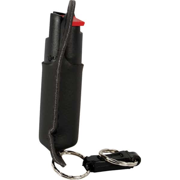 Black pepper spray with keychain attachment for personal safety and self-defense.