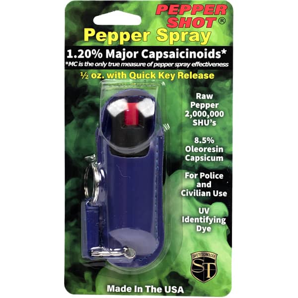 Pepper Shot pepper spray, 1.20% major capsaicinoids, quick key release, for police and civilian use, made in USA.