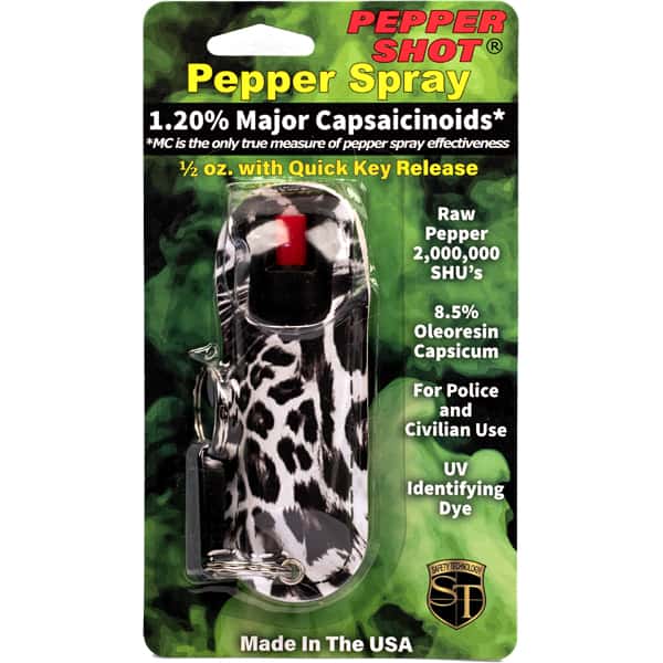 Pepper spray with leopard print design, 1.20% capsaicinoids, for police and civilian use, UV dye, quick key release.