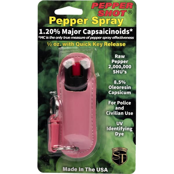 Pink Pepper Shot pepper spray with key release, 1.20% Major Capsaicinoids, UV dye, for police and civilian use. Made in USA.