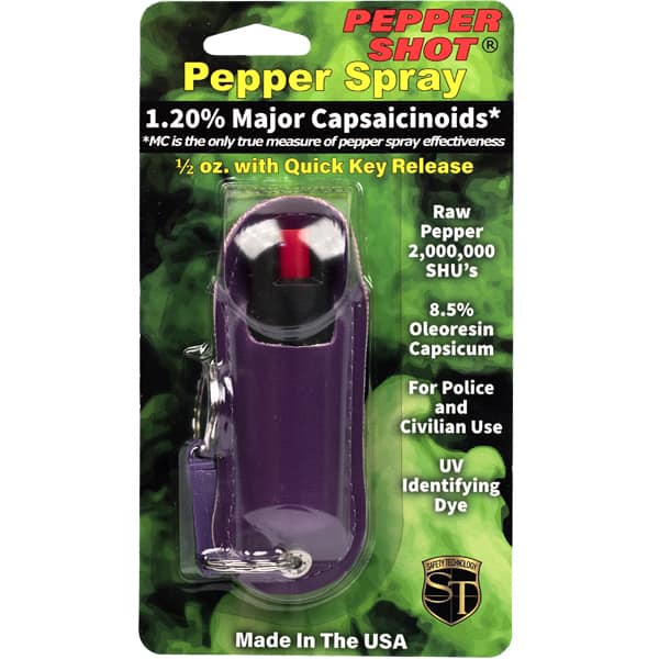 Pepper Shot pepper spray with 1.20% capsaicinoids, 0.5 oz purple case, quick key release, for safety and defense.