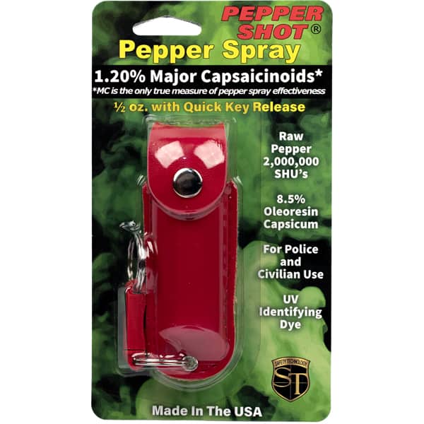 Red Pepper Spray, 1.2% capsaicinoids, quick-release, 2,000,000 SHU, for police and civilian use, made in the USA.