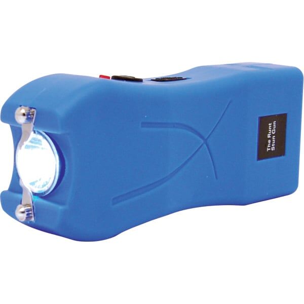 Blue handheld stun gun with safety switch and LED flashlight for personal protection.