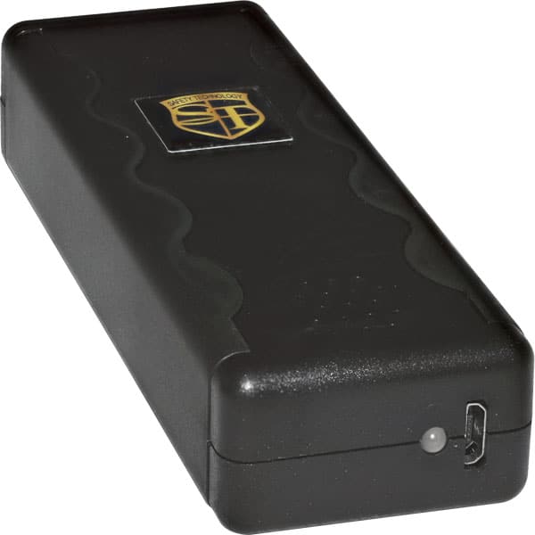 Black safety device with logo, featuring a durable casing, ideal for personal protection and security solutions.