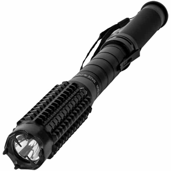 Tactical black flashlight with textured grip and wrist strap, highlighting durability and design.