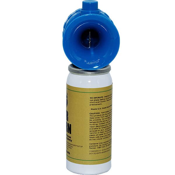 Blue air horn with white canister for loud emergency alerts and marine safety.