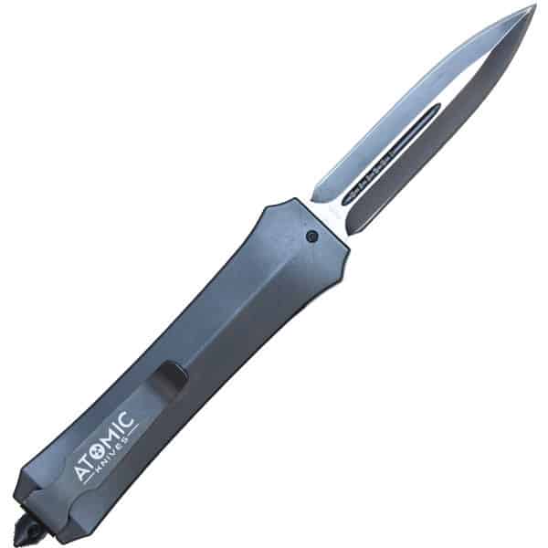 Sleek black tactical automatic knife with extended blade, ideal for outdoor and survival use.