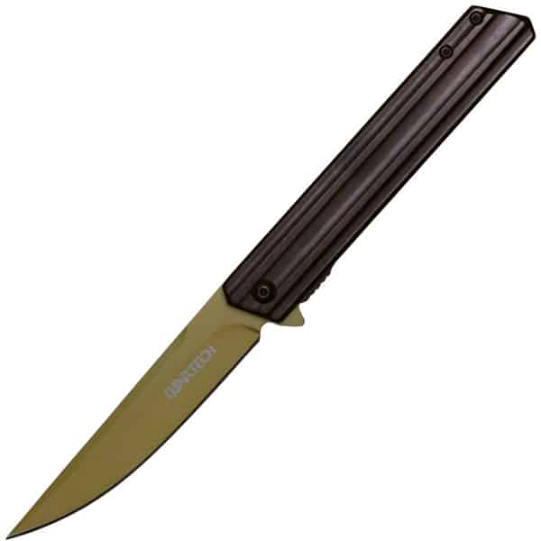 Sleek folding pocket knife with a brown handle and a sharp blade, perfect for outdoor and camping needs.