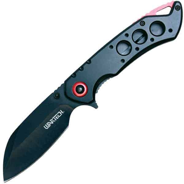 Black folding pocket knife with a red accent and ergonomic handle design, featuring Wartech branding.