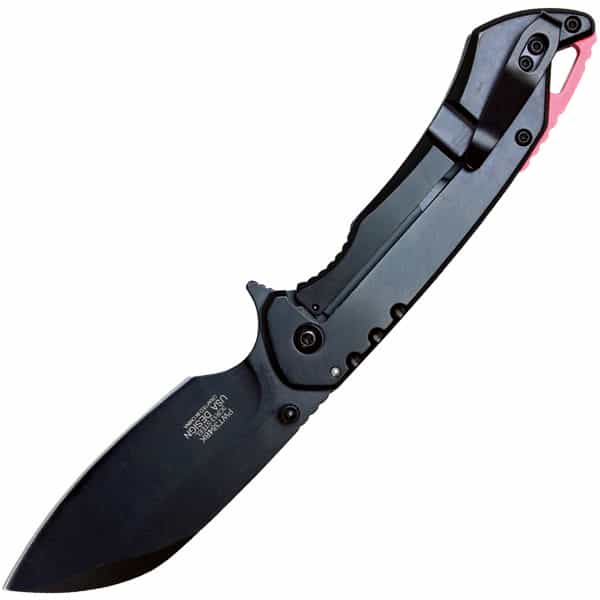 Black folding pocket knife with a sharp blade and ergonomic handle, ideal for everyday carry and outdoor use.