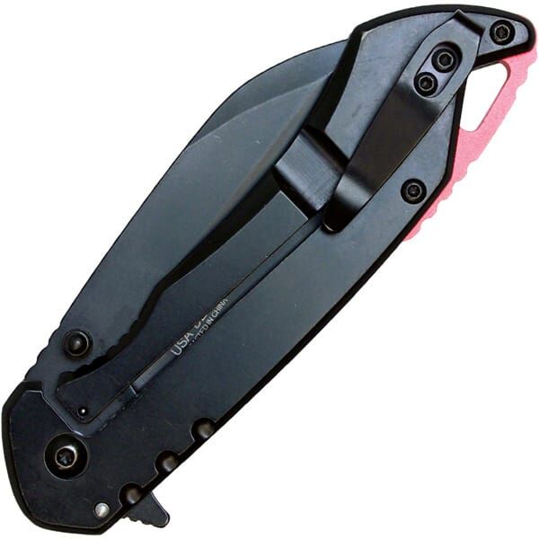 Sleek black folding pocket knife with clip and red accent, closed position view.