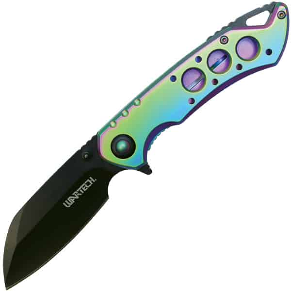 Rainbow titanium folding knife with black blade and ergonomic handle design.