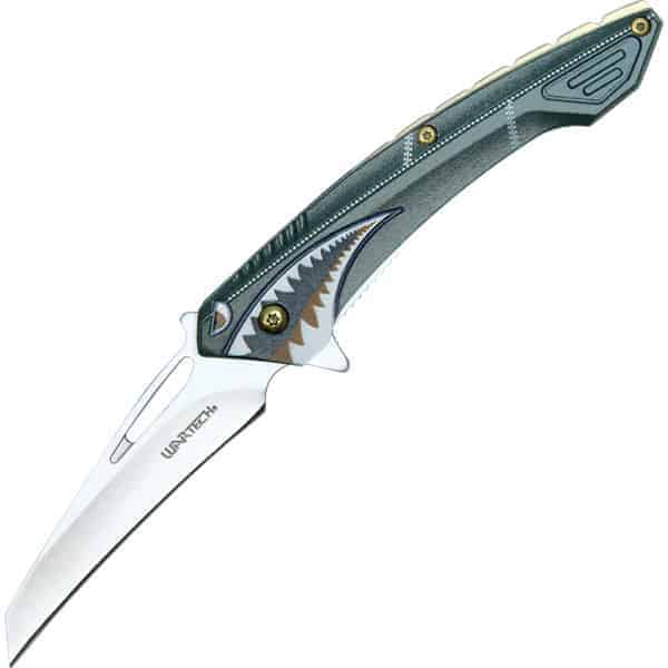 Folding knife with shark-themed design on handle and sleek blade, perfect for collectors and outdoor enthusiasts.