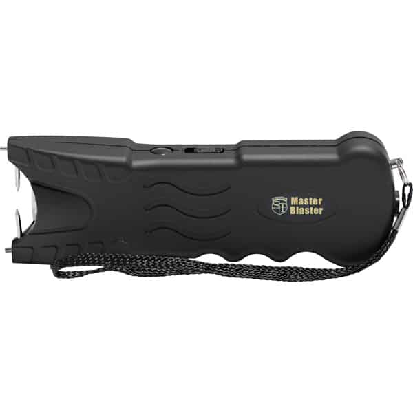 Black handheld stun gun with safety strap and Master Blaster logo, designed for self-defense and personal protection.